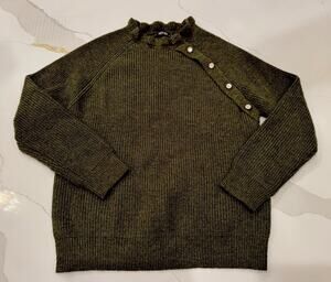BTFBM Green Solid Knit Pullover Sweater Mock Neck Long Sleeve Button M